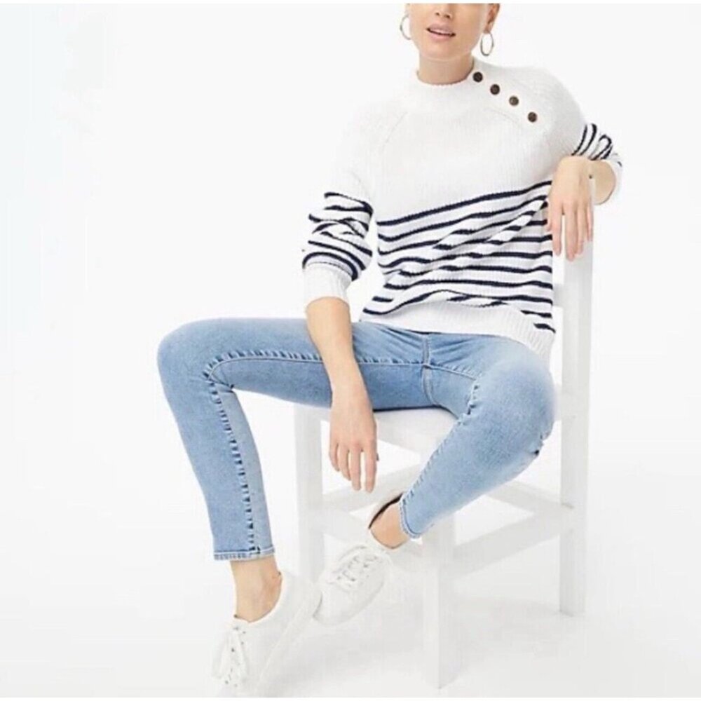 J.Crew Knit Sweater Women Medium White Blue Striped Nautical Fisherman Mock Neck